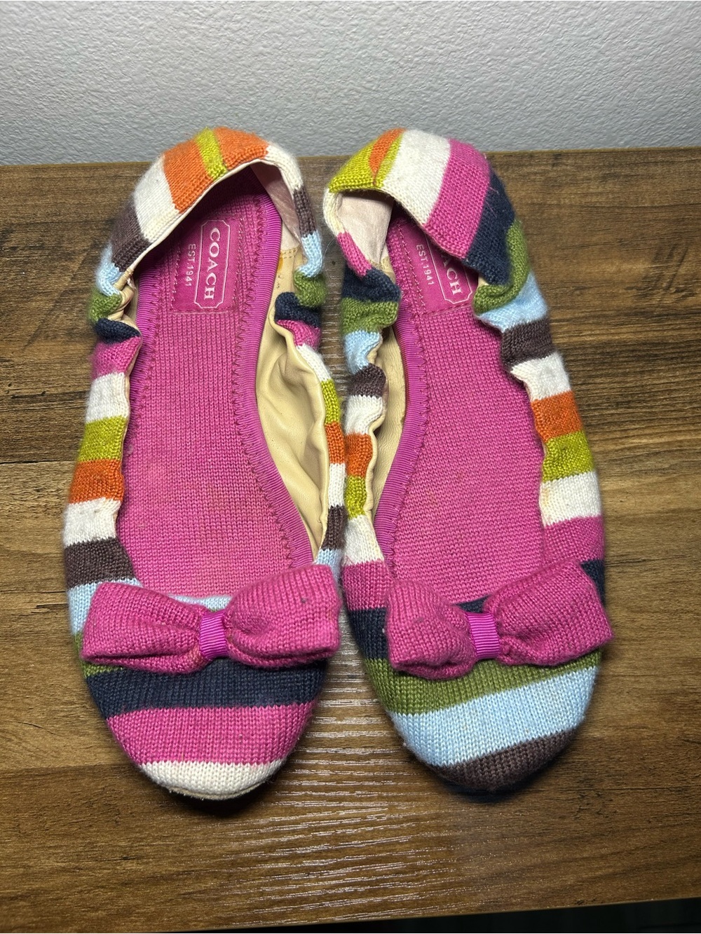 Coach Kids Pink Multicolor Striped Bow Flats